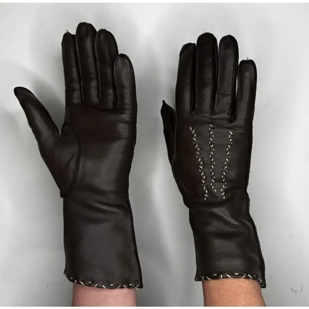 1970s Brown Deerskin Leather Gloves Contrast Whipstitch Size 7